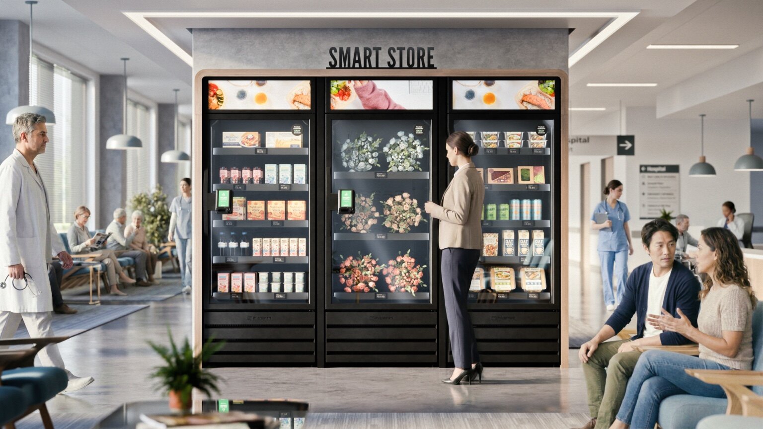 A three-door Smart Store installed in a bright healthcare waiting area